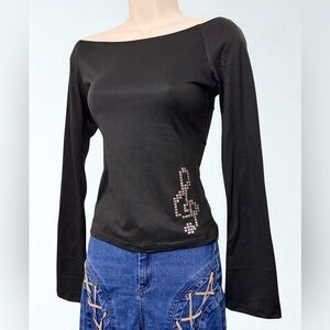 Black Long-Sleeve Women's Top with Rhinestone Treble Clef